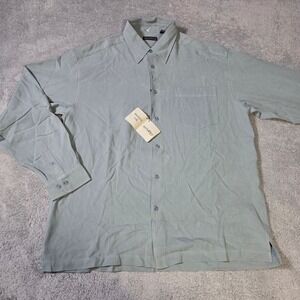 Anthology Mens L Button Down Shirt Celedon Green 100% Washable Silk Herringbone